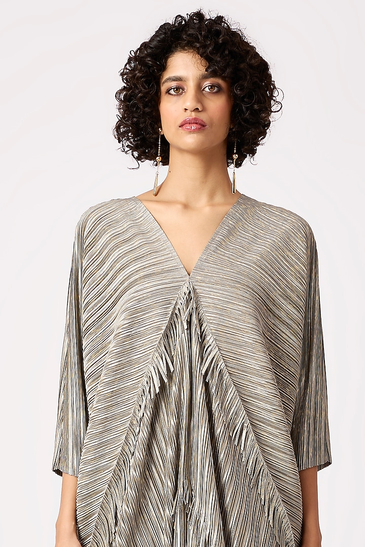 Metallic Grey & Gold Polyester Fringed Maxi Summer Dress by Scarlet Sage at Pernia's Pop Up Shop