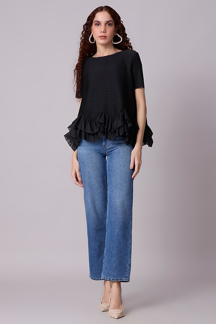Black Polyester Ruffled Top by Scarlet Sage at Pernia's Pop Up Shop