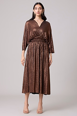 bronze pleated dress Mac Duggal Pleated Metallic Jersey Gown With Belt