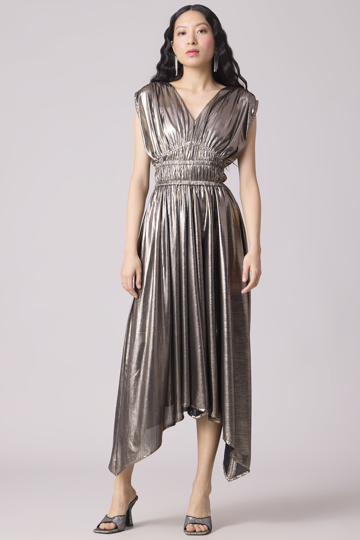 Dark Silver Polyester Knee-Length Metallic Summer Dress by Scarlet Sage at Pernia's Pop Up Shop