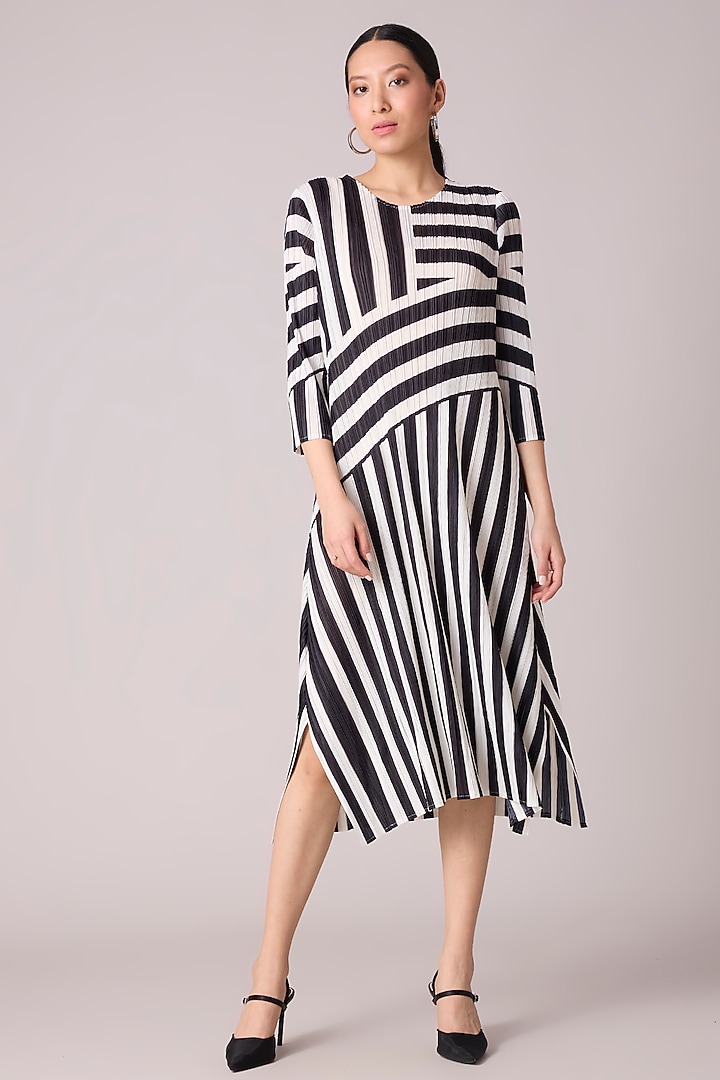 Black & White Polyester Stripe Printed A-Line Summer Dress by Scarlet Sage at Pernia's Pop Up Shop