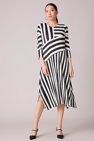 Black & White Polyester Stripe Printed A-Line Dress by Scarlet Sage