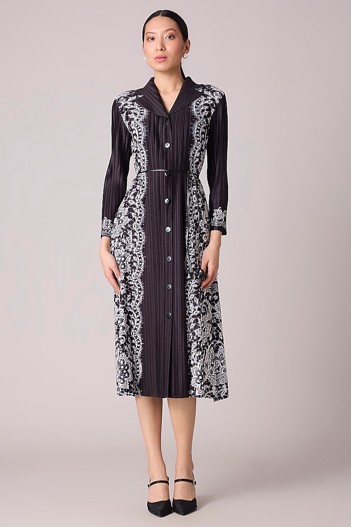 Black & White Polyester Abstract Printed A-Line Summer Shirt Dress With Belt by Scarlet Sage at Pernia's Pop Up Shop