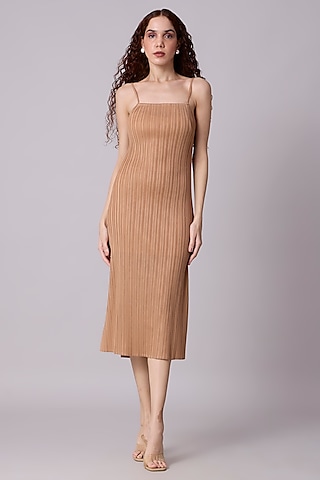 Mocha Polyester Pleated Maxi Slip Dress by Scarlet Sage