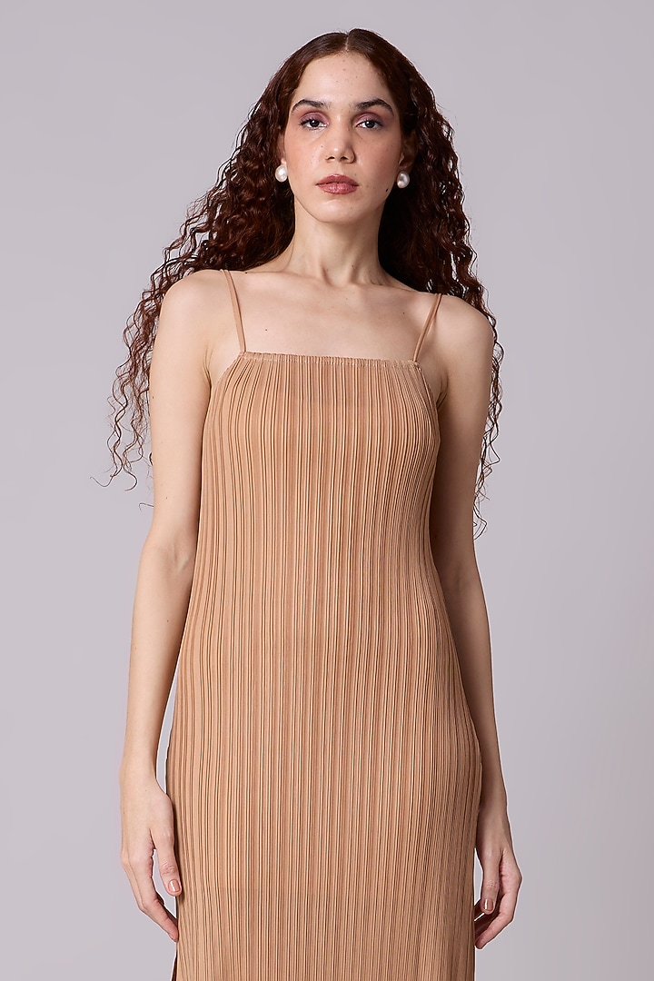 Mocha Polyester Pleated Maxi Slip Summer Dress by Scarlet Sage at Pernia's Pop Up Shop