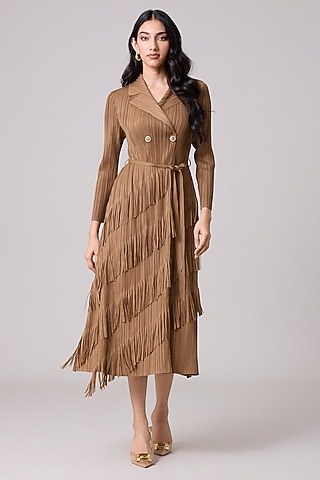 Taupe Polyester Dress With Belt by Scarlet Sage