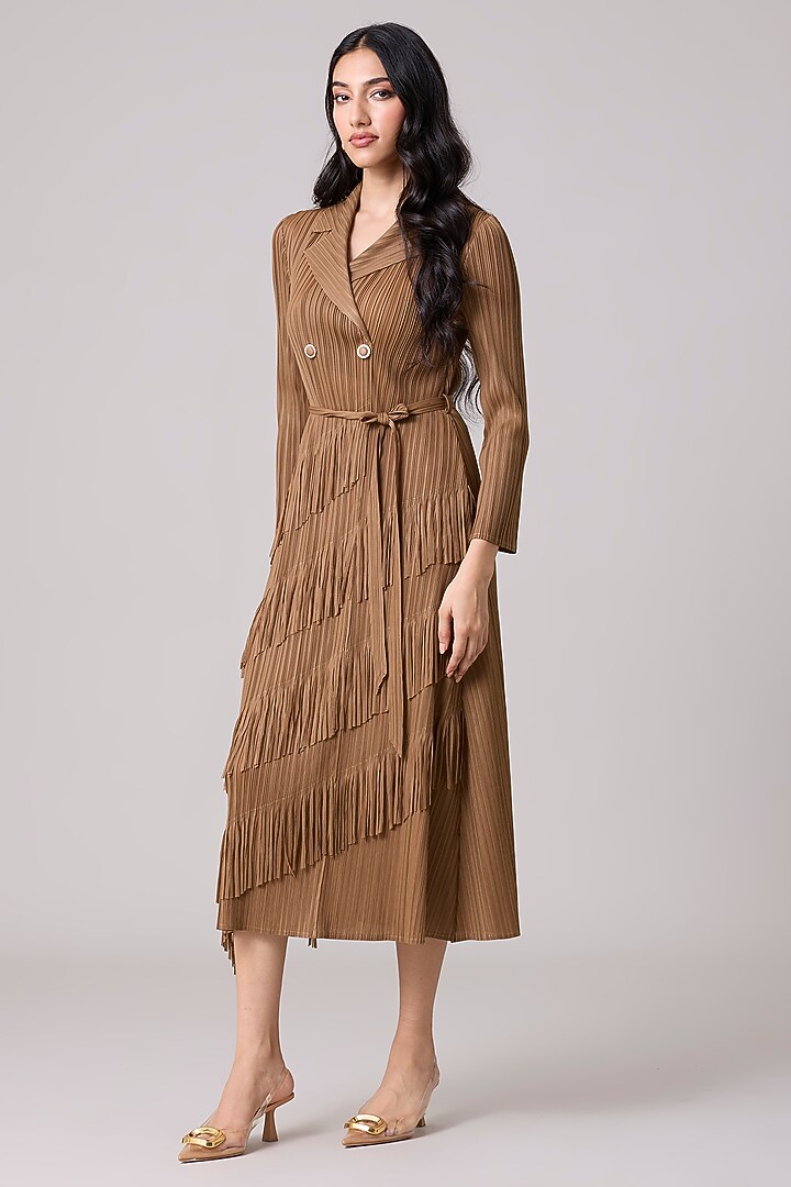 Taupe Polyester Summer Dress With Belt by Scarlet Sage at Pernia's Pop Up Shop