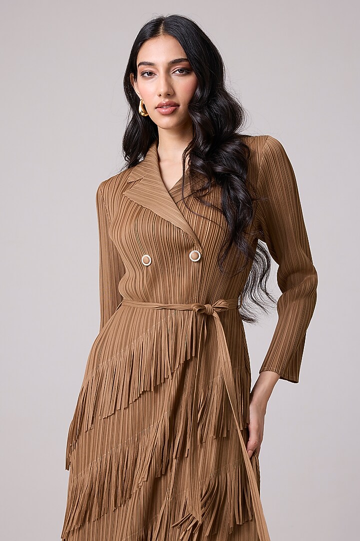 Taupe Polyester Summer Dress With Belt by Scarlet Sage at Pernia's Pop Up Shop
