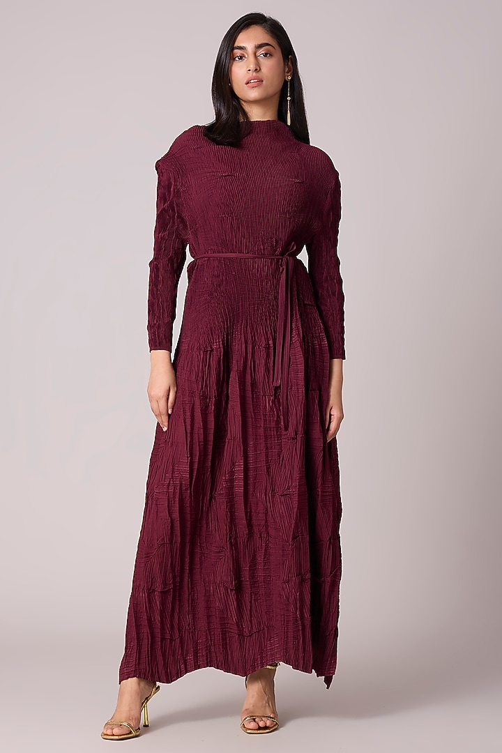 Burgundy Crushed Pleated Fabric & Polyester A-Line Summer Dress by Scarlet Sage at Pernia's Pop Up Shop