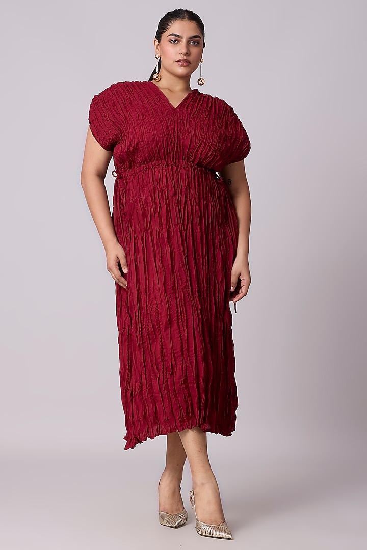 Maroon Polyester & Pleated Fabric Summer Dress by Scarlet Sage at Pernia's Pop Up Shop