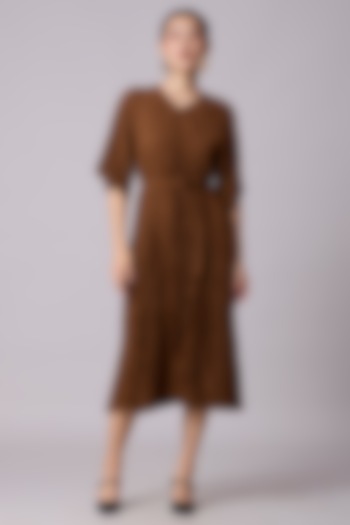 Brown Polyester Pleated A-Line Summer Dress by Scarlet Sage at Pernia's Pop Up Shop