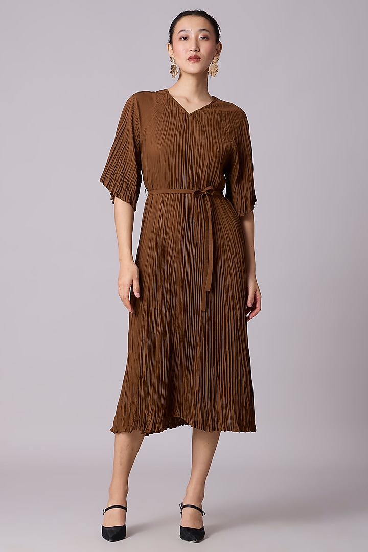 Brown Polyester Pleated A-Line Summer Dress by Scarlet Sage at Pernia's Pop Up Shop