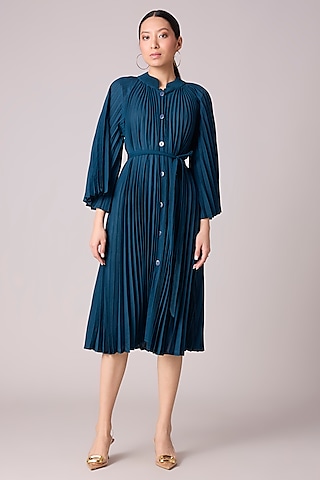 Teal Polyester Pleated A-Line Dress by Scarlet Sage