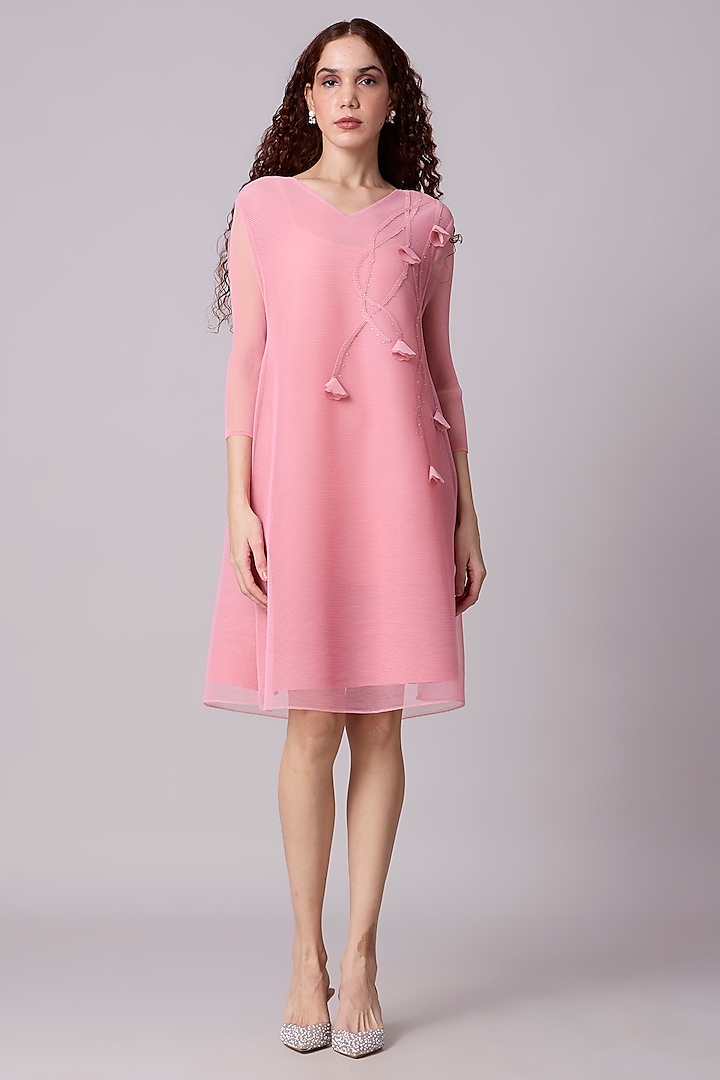 Pink Polyester 3D Floral A-Line Dress by Scarlet Sage at Pernia's Pop Up Shop