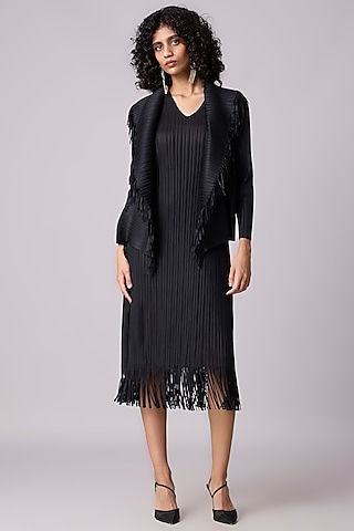 Black Polyester Fringed Midi Jacket Dress by Scarlet Sage