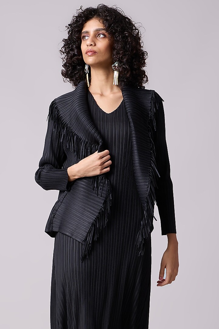 Black Polyester Fringed Midi Jacket Summer Dress by Scarlet Sage at Pernia's Pop Up Shop