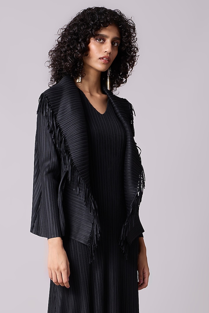 Black Polyester Fringed Midi Jacket Summer Dress by Scarlet Sage at Pernia's Pop Up Shop