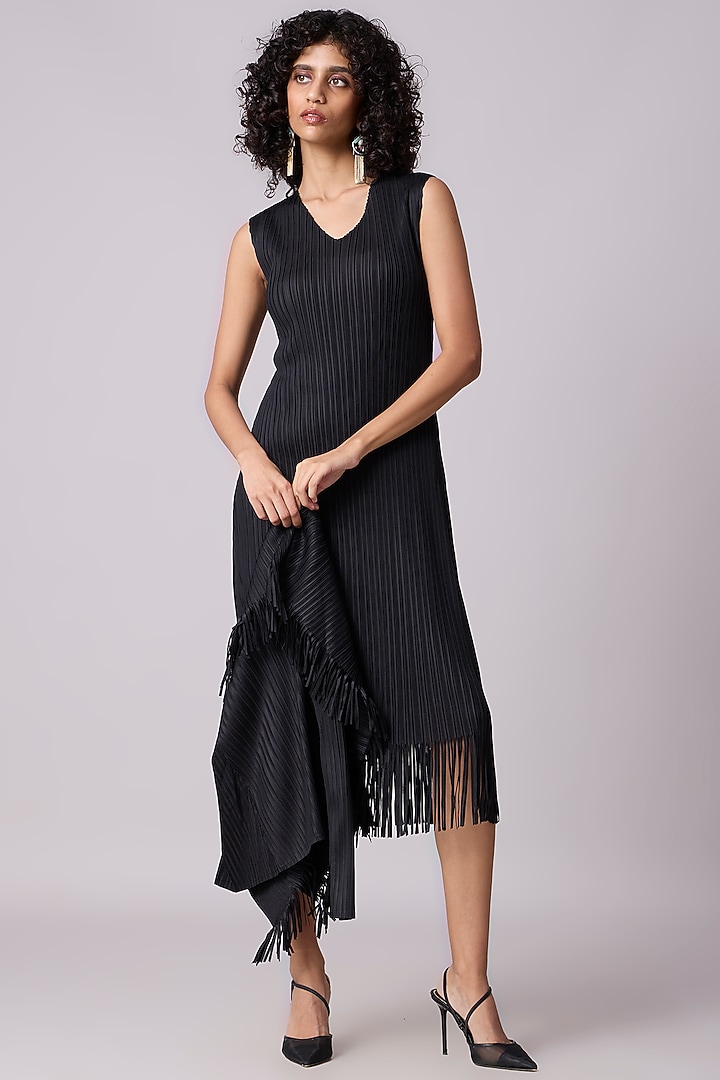 Black Polyester Fringed Midi Jacket Summer Dress by Scarlet Sage at Pernia's Pop Up Shop