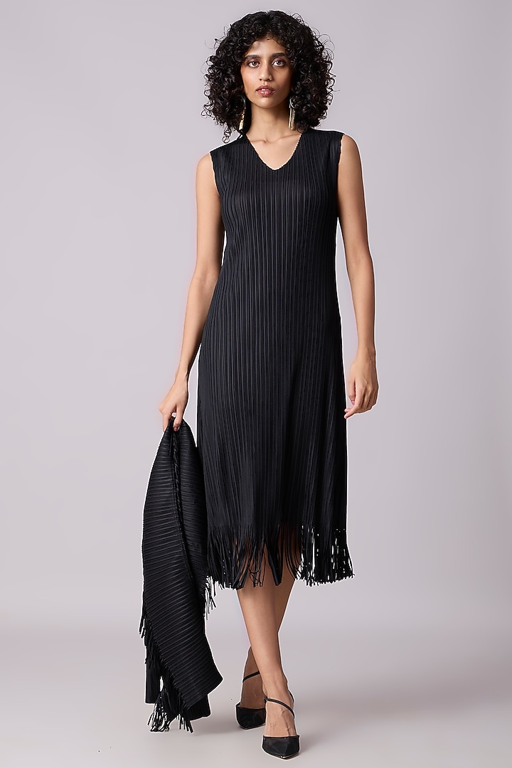 Black Polyester Fringed Midi Jacket Summer Dress by Scarlet Sage at Pernia's Pop Up Shop