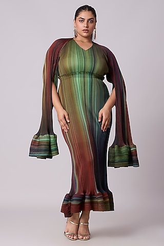 Brown & Blue Polyester Asymmetric Maxi Dress by Scarlet Sage