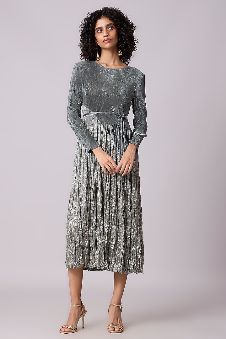 Sage Grey Soft Silk Crushed Pleated Midi Summer Dress by Scarlet Sage at Pernia's Pop Up Shop