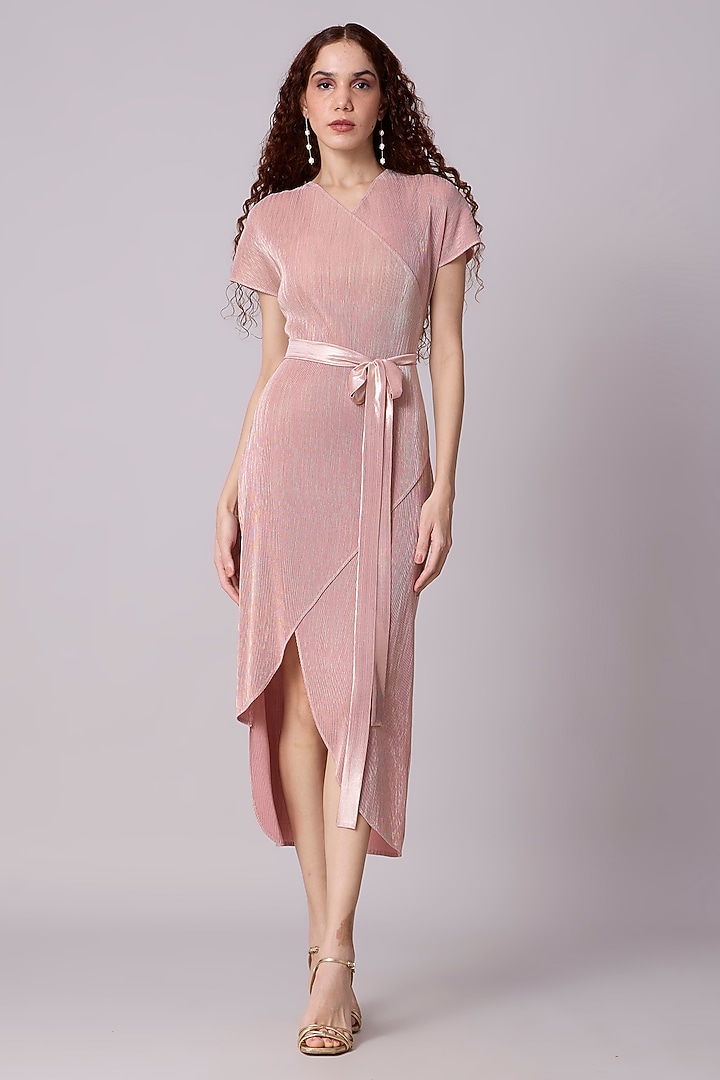 Pink & Gold Metallic Asymmetric Wrap Midi Summer Dress by Scarlet Sage at Pernia's Pop Up Shop