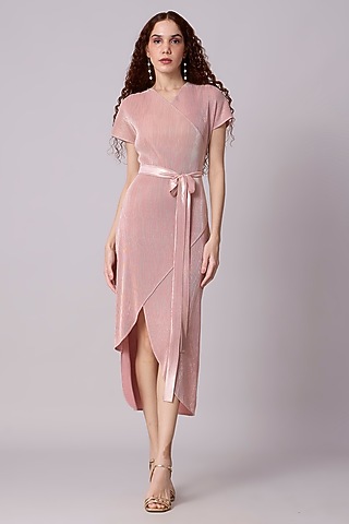 Pink & Gold Metallic Asymmetric Wrap Midi Dress by Scarlet Sage