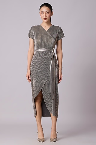 Grey & Gold Metallic Asymmetric Wrap Midi Dress by Scarlet Sage