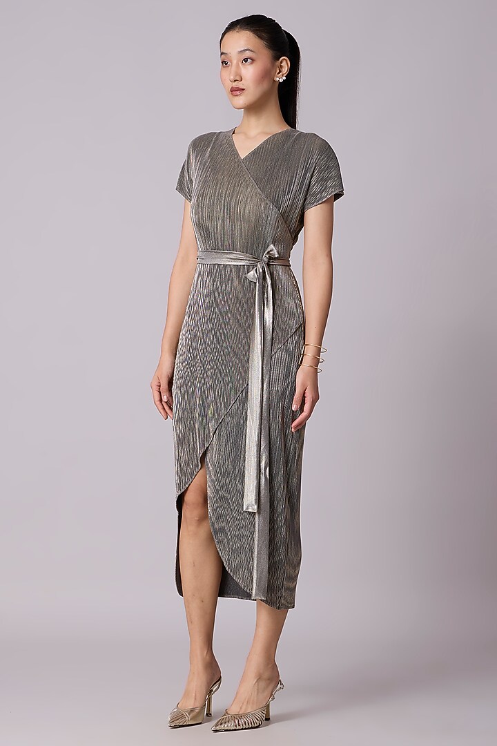 Grey & Gold Metallic Asymmetric Wrap Midi Summer Dress by Scarlet Sage at Pernia's Pop Up Shop