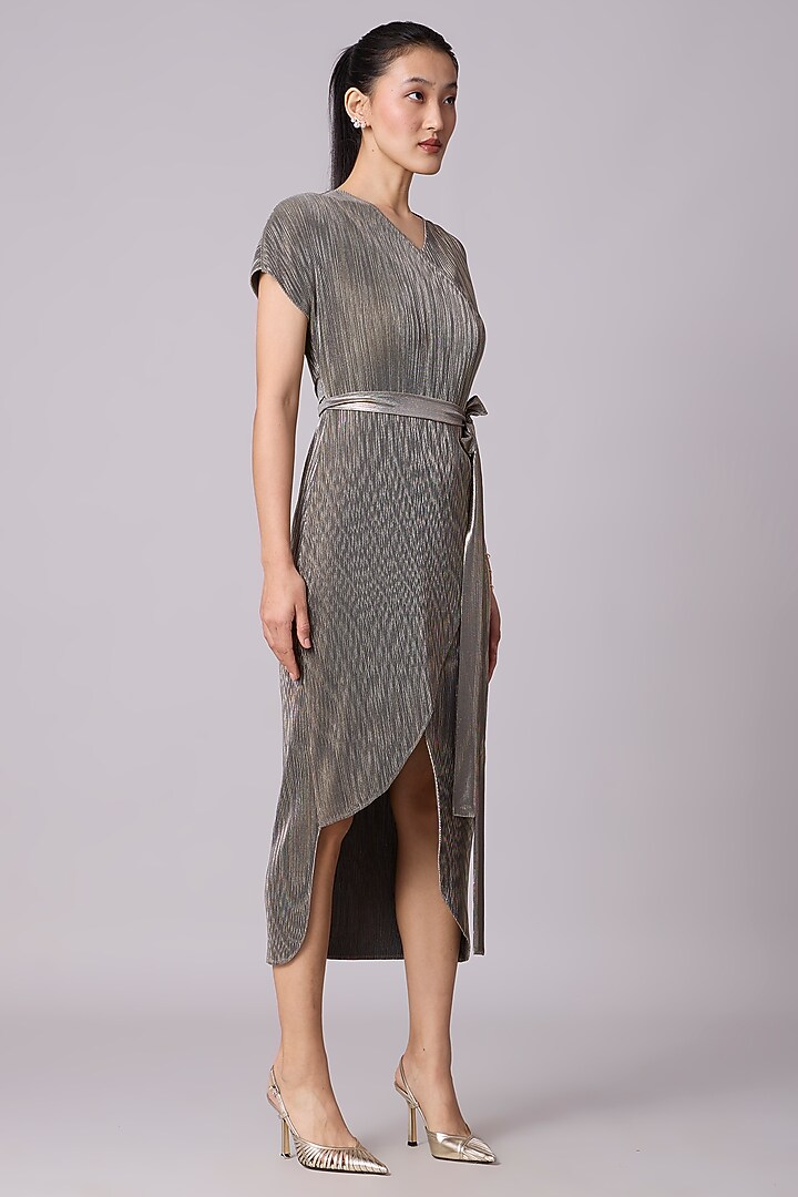 Grey & Gold Metallic Asymmetric Wrap Midi Summer Dress by Scarlet Sage at Pernia's Pop Up Shop