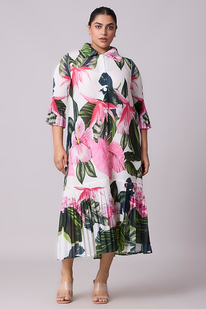 White Polyester Floral Printed A-Line Shirt Midi Summer Dress by Scarlet Sage at Pernia's Pop Up Shop