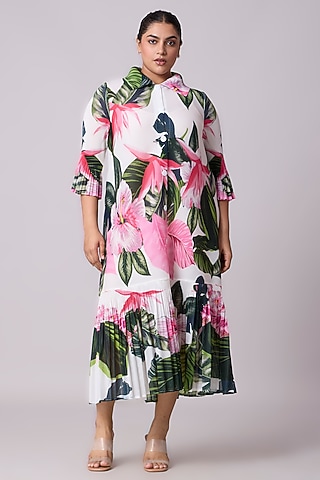 White Polyester Floral Printed A-Line Shirt Midi Dress by Scarlet Sage