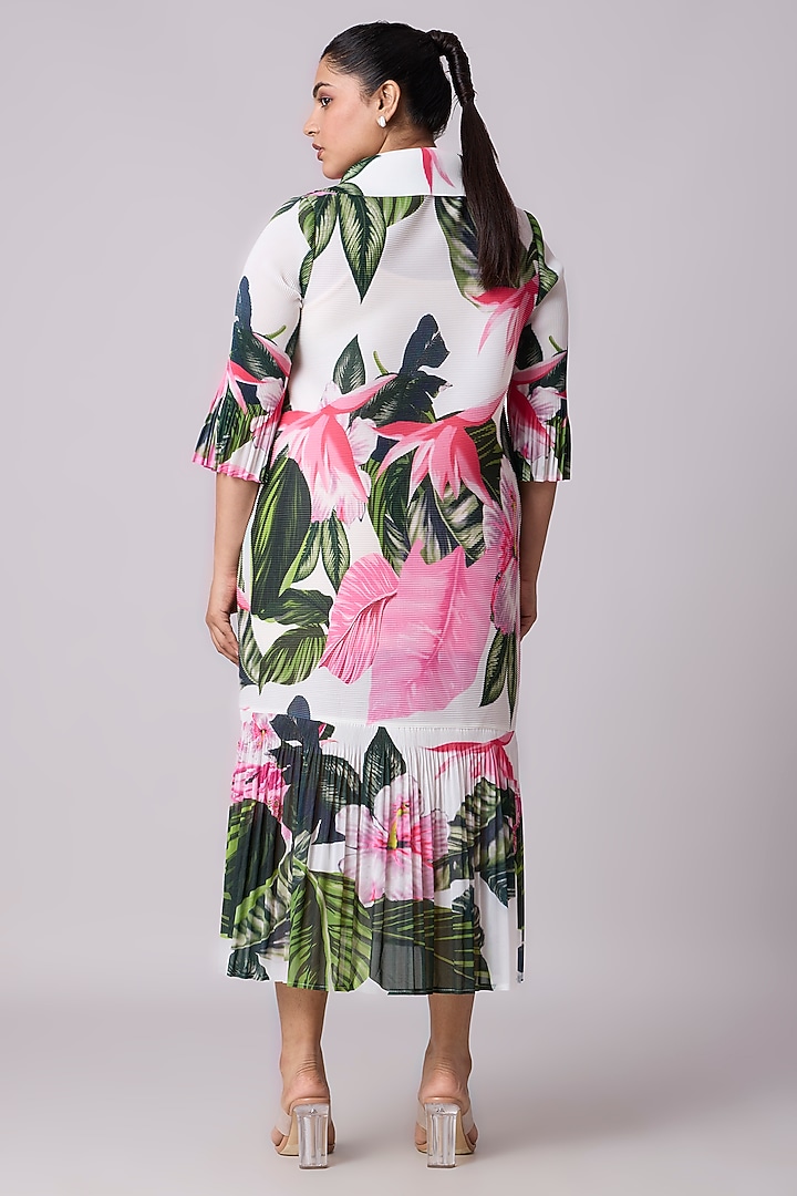 White Polyester Floral Printed A-Line Shirt Midi Summer Dress by Scarlet Sage at Pernia's Pop Up Shop
