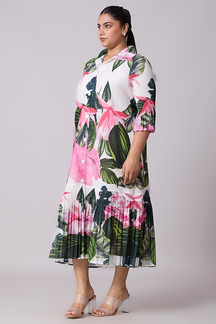 White Polyester Floral Printed A-Line Shirt Midi Summer Dress by Scarlet Sage at Pernia's Pop Up Shop