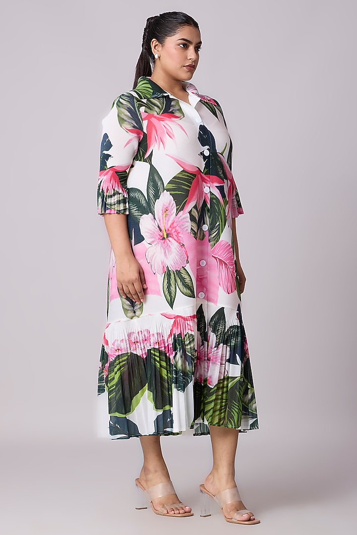 White Polyester Floral Printed A-Line Shirt Midi Summer Dress by Scarlet Sage at Pernia's Pop Up Shop