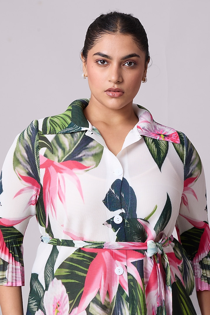 White Polyester Floral Printed A-Line Shirt Midi Summer Dress by Scarlet Sage at Pernia's Pop Up Shop