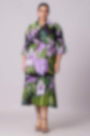 Black Polyester Floral Printed A-Line Shirt Midi Dress by Scarlet Sage at Pernia's Pop Up Shop