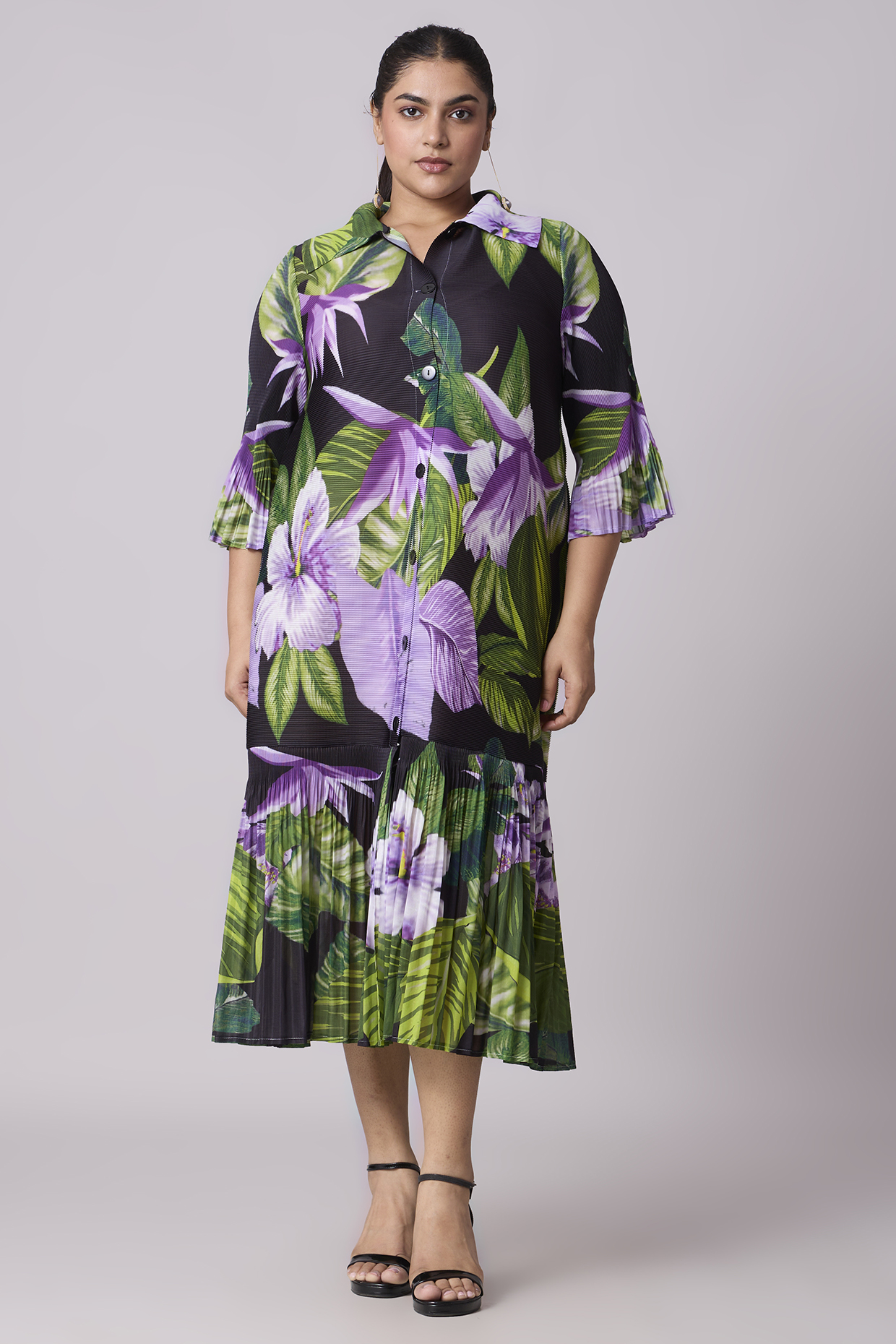 Black Polyester Floral Printed A-Line Shirt Midi Dress by Scarlet Sage at Pernia's Pop Up Shop