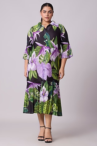 Black Polyester Floral Printed A-Line Shirt Midi Dress by Scarlet Sage