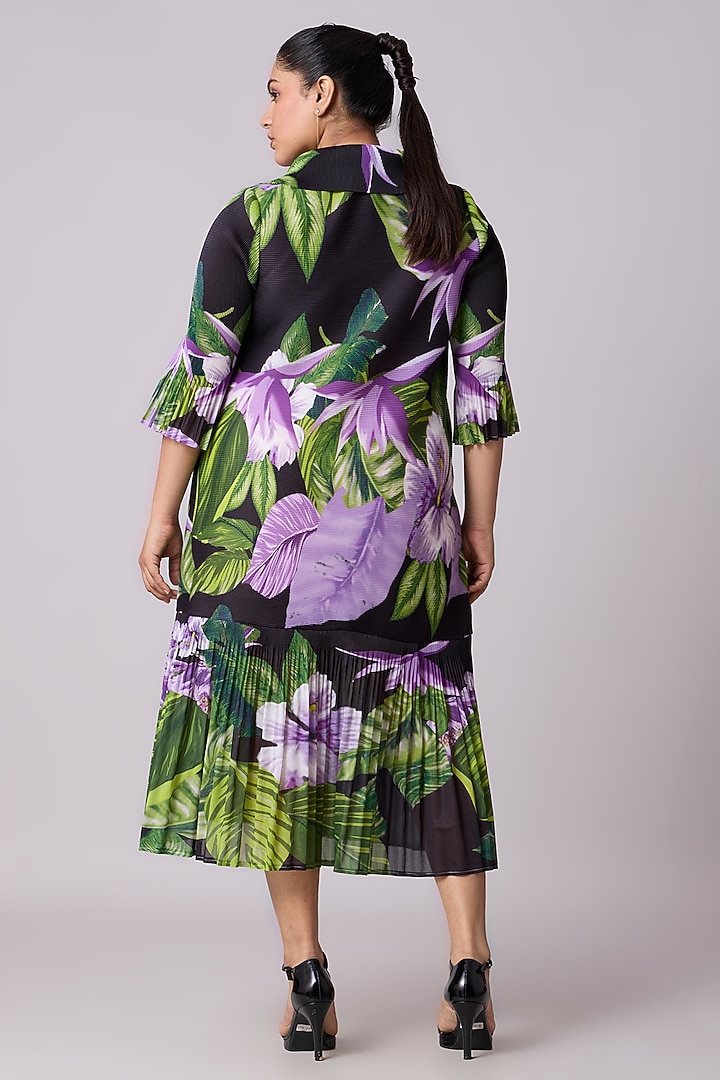 Black Polyester Floral Printed A-Line Shirt Midi Summer Dress by Scarlet Sage at Pernia's Pop Up Shop