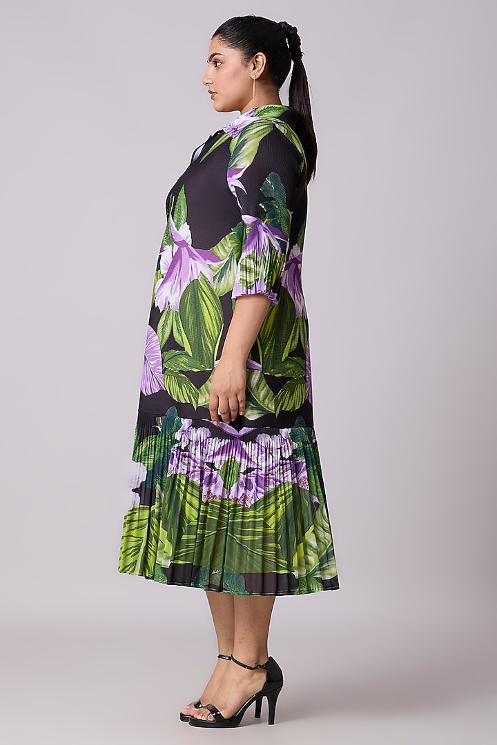 Black Polyester Floral Printed A-Line Shirt Midi Summer Dress by Scarlet Sage at Pernia's Pop Up Shop