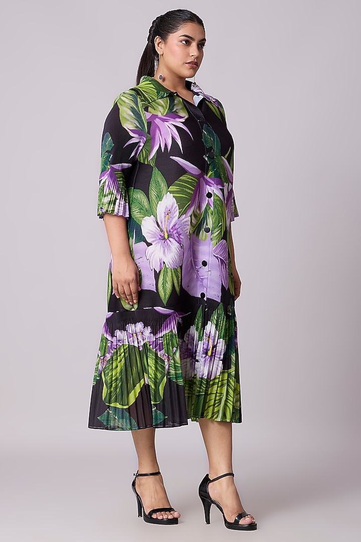 Black Polyester Floral Printed A-Line Shirt Midi Summer Dress by Scarlet Sage at Pernia's Pop Up Shop