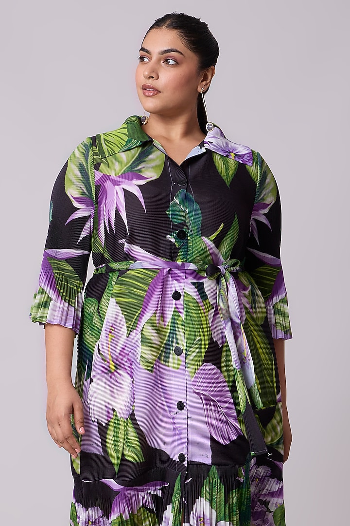 Black Polyester Floral Printed A-Line Shirt Midi Summer Dress by Scarlet Sage at Pernia's Pop Up Shop