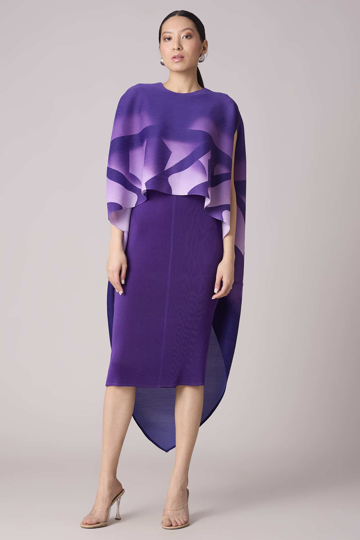 Purple Polyester Pleated Midi Dress With Printed Cape by Scarlet Sage at Pernia's Pop Up Shop