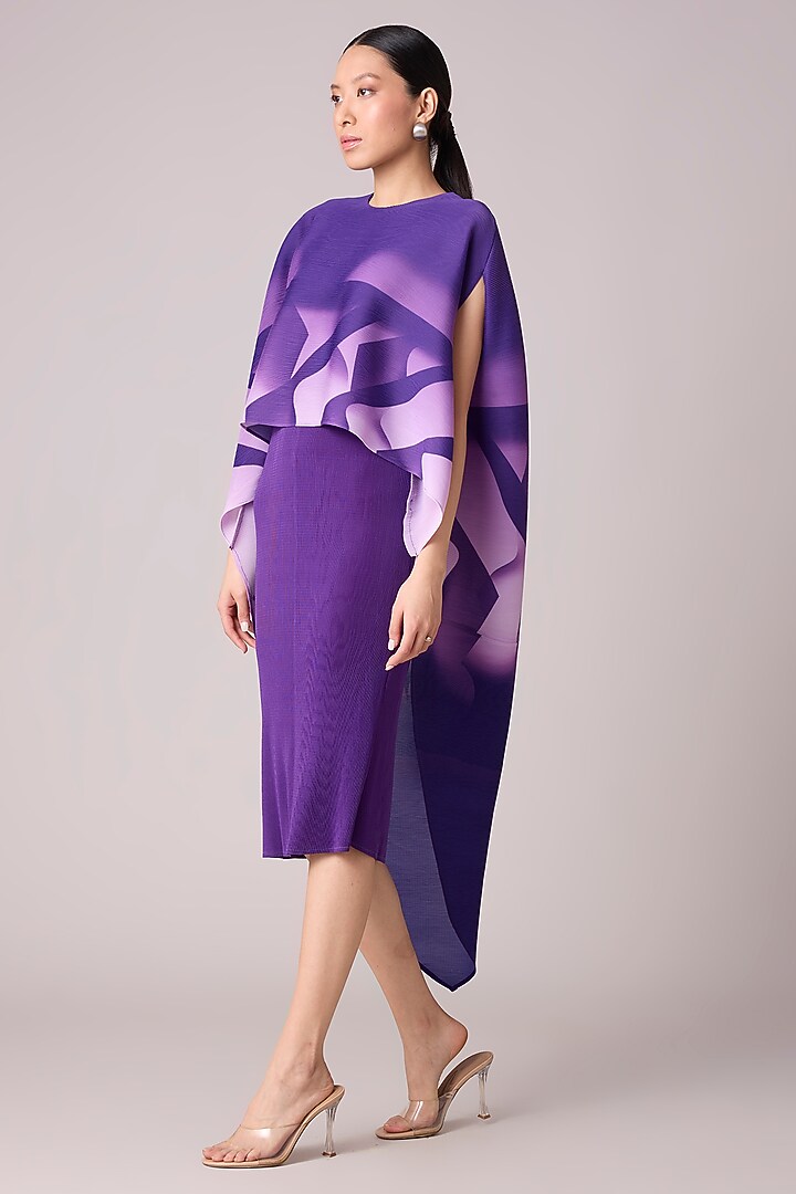 Purple Polyester Pleated Midi Summer Dress With Printed Cape by Scarlet Sage at Pernia's Pop Up Shop