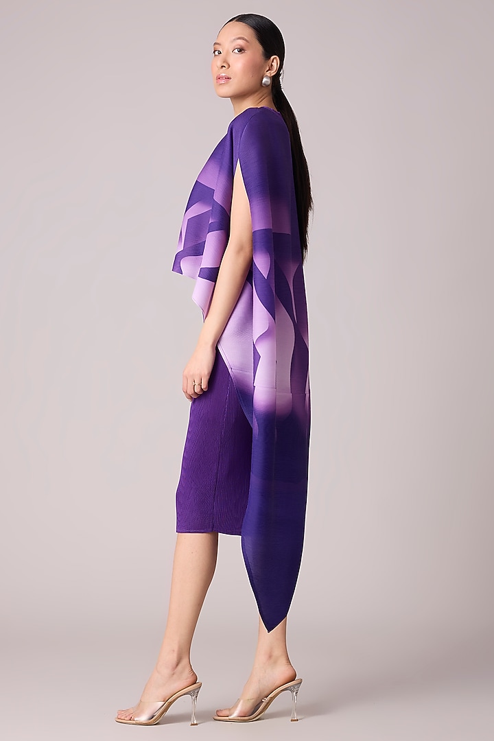 Purple Polyester Pleated Midi Summer Dress With Printed Cape by Scarlet Sage at Pernia's Pop Up Shop