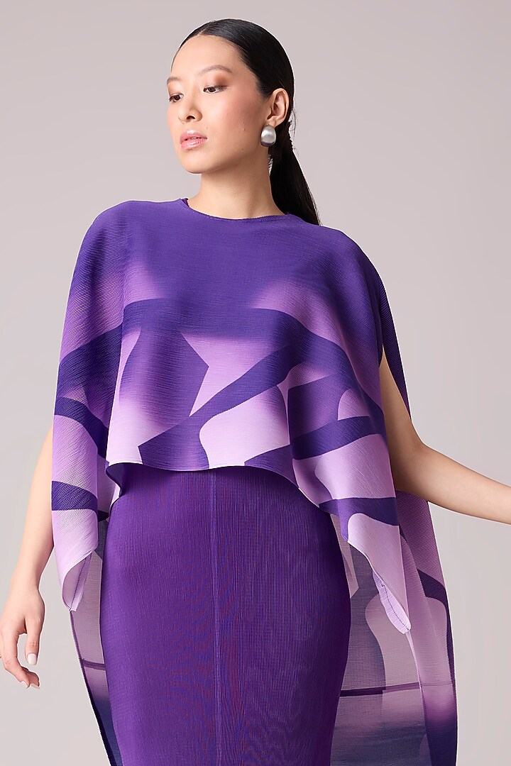 Purple Polyester Pleated Midi Summer Dress With Printed Cape by Scarlet Sage at Pernia's Pop Up Shop