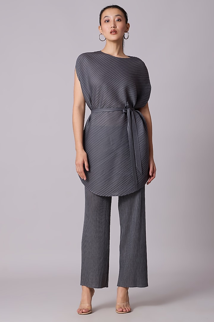 Steel Grey Polyester Draped Co-Ord Set by Scarlet Sage at Pernia's Pop Up Shop