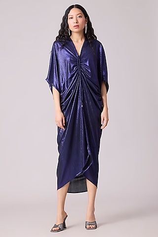 Blue Polyester Kaftan Style Draped Midi Dress by Scarlet Sage