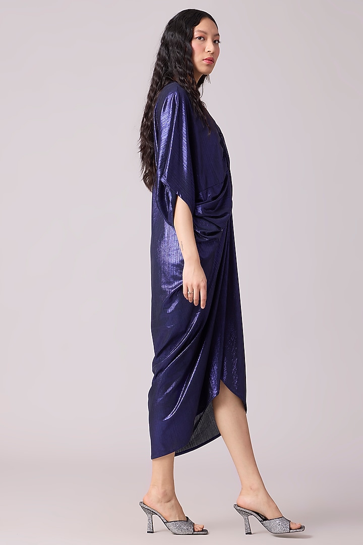 Blue Polyester Kaftan Style Draped Midi Summer Dress by Scarlet Sage at Pernia's Pop Up Shop